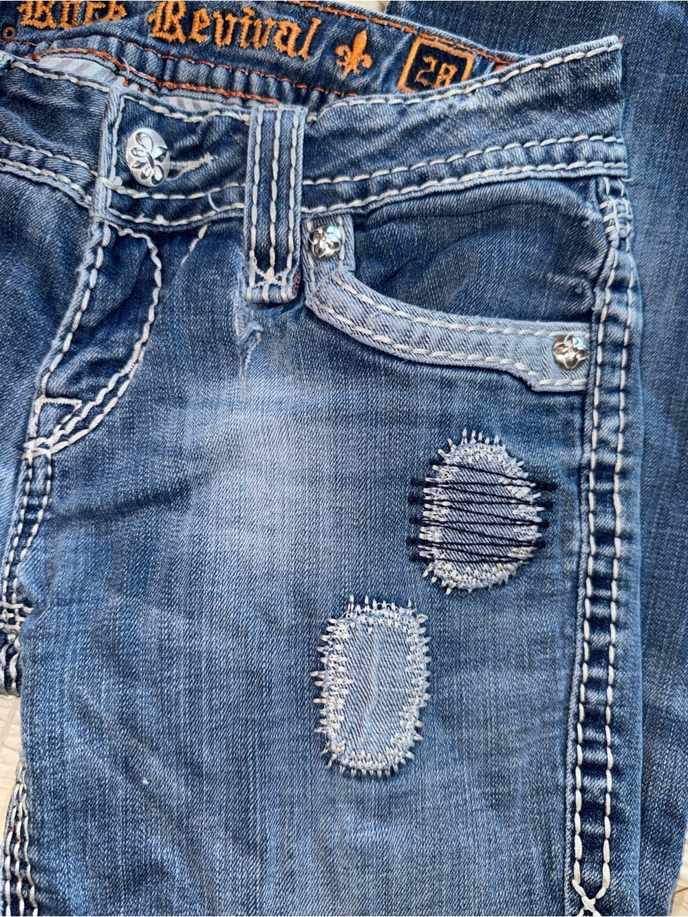 Vintage Rock Revival Low Rise Patched Distressed Alanis Boot Jeans 28 - Picture 2 of 12